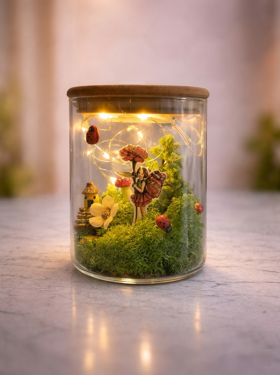 טרריום זכוכית מואר עם דמויות יער קסום — יצירה מסדנת יום הולדת ArtyParty